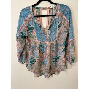 Boho Festival Floral Peasant Top Love Fire Blue Artisan Print Blouse Women 
M